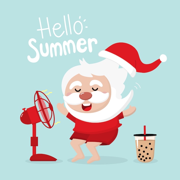 Santa claus, yellow duck rubber ring and electric fan in summer