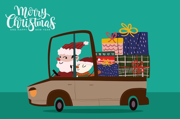 Vettore babbo natale guida un'auto e consegna regali dolce natale illustrazione