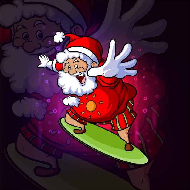 La clausola di babbo natale sta cavalcando una tavola da surf esport mascotte design di illustrazione