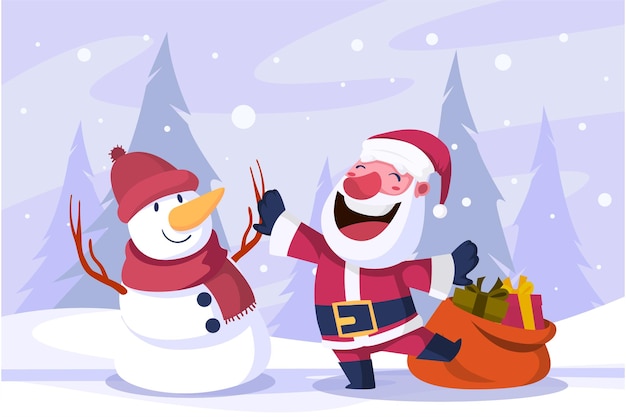 Santa Clause Playing Together with Snowman