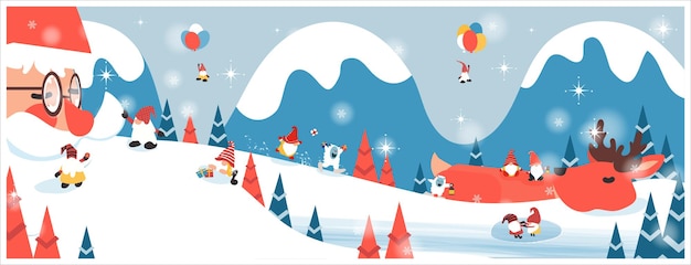 Vector santa clause and reindeer sleep under snow fir  gnomebigfoot all aroundconcept of happy peaceful
