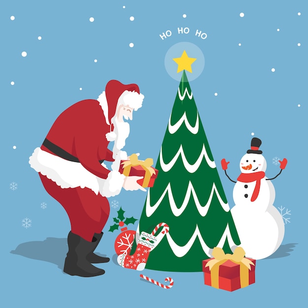 Vector santa clause and snowman at christmas tree