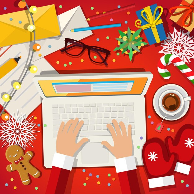 Vector santa clause working on a laptop flat design illustration