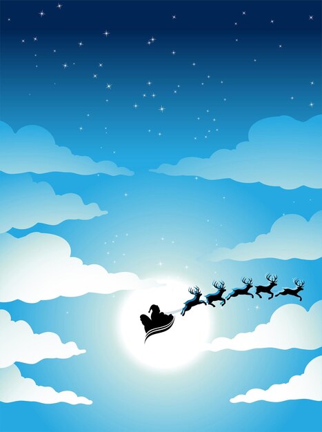 Vector santa and cloudy blue night sky with a bright moon