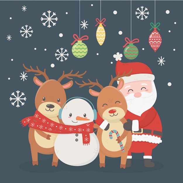 Santa, deers, snowman and balls illustration