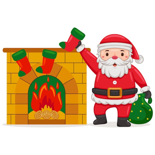 Santa deliver christmas gift in chimney vector illustration