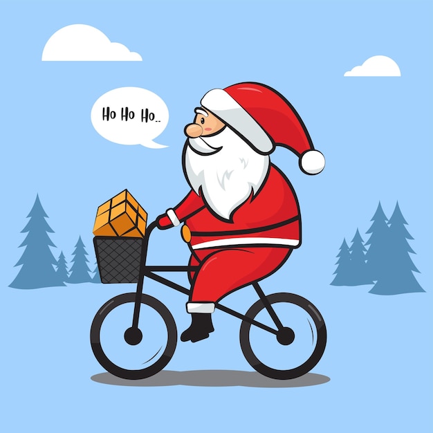 Vettore babbo natale consegna regalo utilizzando la bicicletta durante il giorno di natale