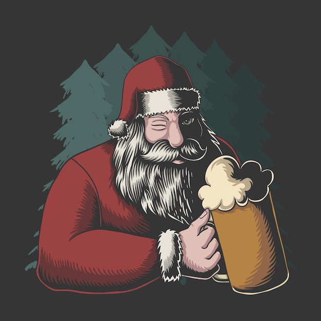 santa drinking beer merry christmas vector illustration