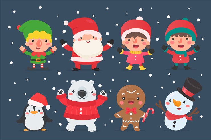 Vector サンタエルフの雪だるまと子供たちのキャラクターが冬のマスクとクリスマス用のマスクを着用しています。