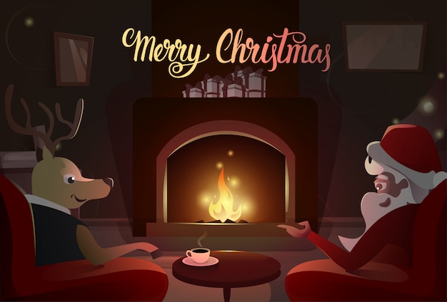 Santa en herten zitten in de buurt van open haard, merry christmas en gelukkig nieuwjaar winter vakantie concept banner