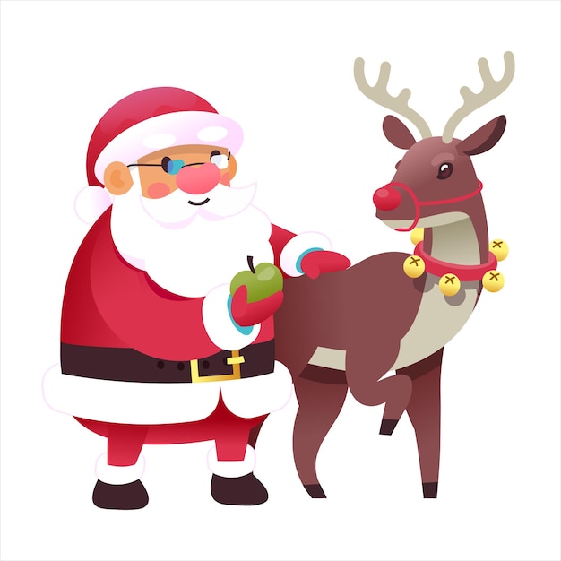 Vettore santa che alimenta il suo cervo con le illustrazioni di vettore della mela. immagini natalizie.