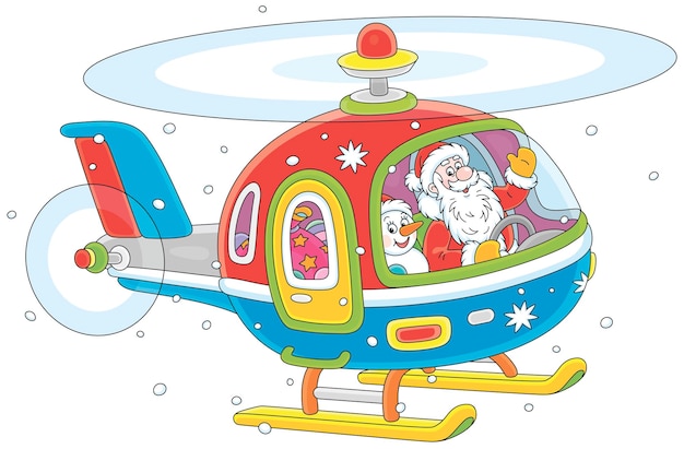 Santa and a funny toy snowman waving in greeting and piloting their helicopter with Christmas gifts