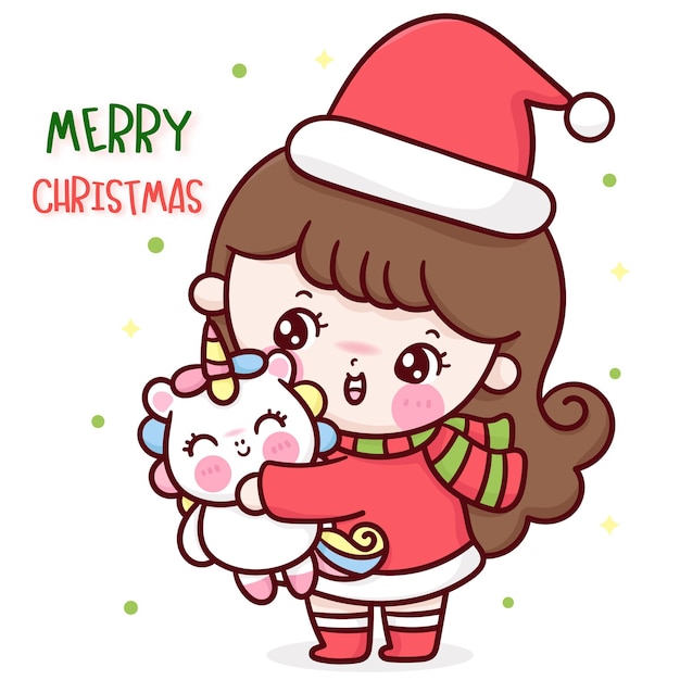 Santa girl Christmas hug unicorn cartoon kawaii character