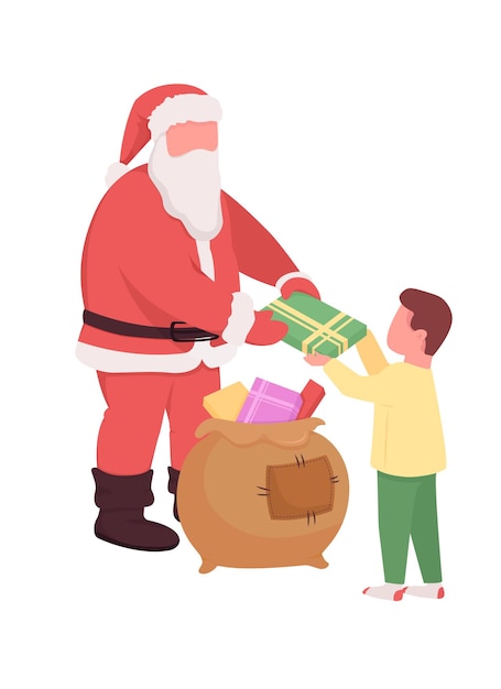 サンタは子供セミフラットカラーベクトル文字に贈り物をします。相互作用する数字。白の全身の人々。グラフィックデザインとアニメーションのためのクリスマスの孤立したモダンな漫画スタイルのイラスト