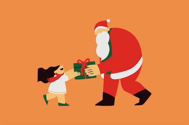 Santa giving present to a little girl vector illustration