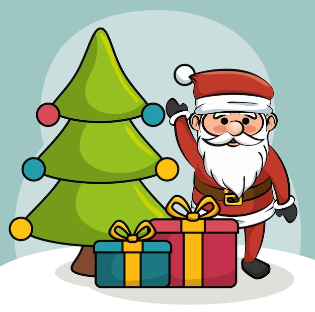 Santa greets tree and gift boxes design