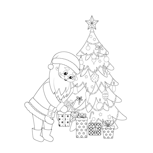 산타가 크리스마스 트리 아래에 선물을 가져왔습니다 색칠 페이지 흑백 산타클로스 벡터
