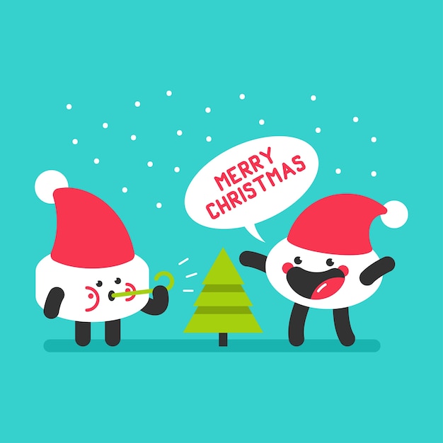 Santa hat characters with Christmas tree  cartoon illustration isolated on background.