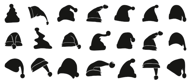 Vector santa hat icons in black santa claus cap icons christmas santa hat collection cartoon hats icon santa hat for new year