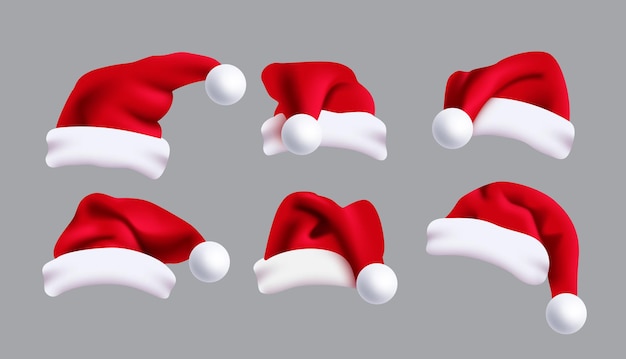 Progettazione stabilita di vettore del cappello della santa. babbo natale 3d collezione di elementi del cappuccio di natale in diverse angolazioni.