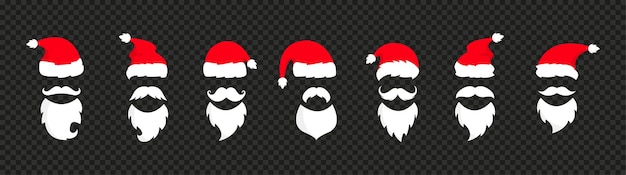 Santa hats and beards collection. Santa caps and mustache. Santa winter cap