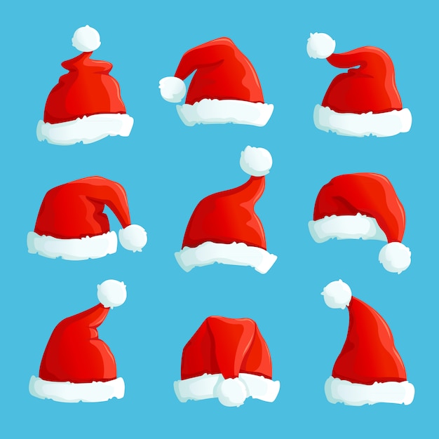 Santa hats. Cartoon christmas costume caps with fur