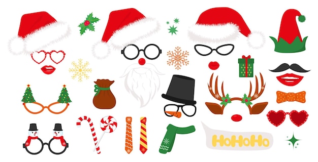 Vector santa hats elf and snowman reindeer antlers glasses set of new year cliparts props for christmas