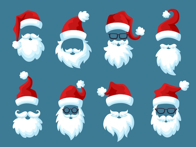 Santa hats with white beards Red hat christmas man costume Beard and mustache new year caps Xmas face photo stickers garish vector set