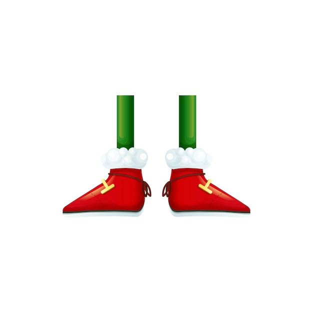 녹색 스타킹과 빨간 산타 클로스 신발에 산타 도우미 다리 격리 된 만화 부츠 흰색 모피와 벡터 발 엘프 또는 난쟁이 크리스마스 캐릭터 다리 요소 겨울 카니발 의상 의류