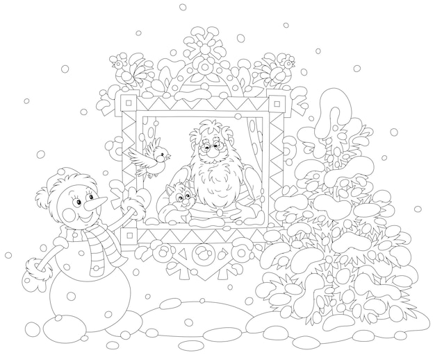 Santa and his little kitten looking out of a decorated wood window and talking to a funny snowman
