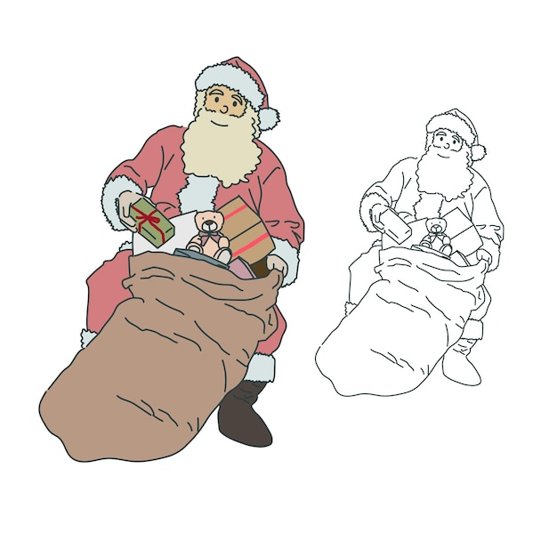 santa holding big bag and giving gift box