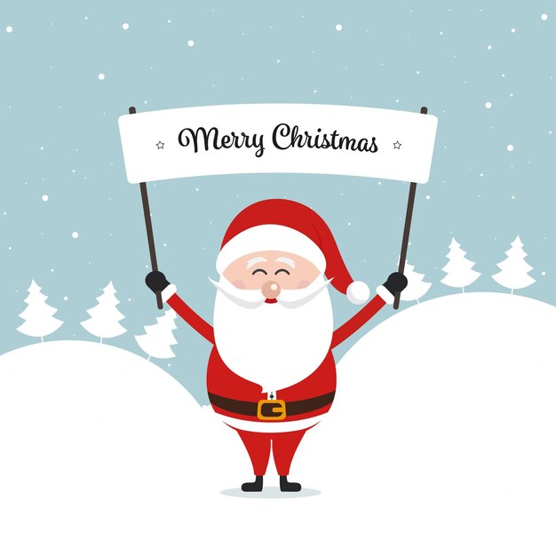 Santa holding merry christmas sign winter landscape background