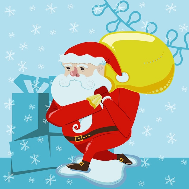 Santa is carrying a bag full of gifts for the new year and christmas