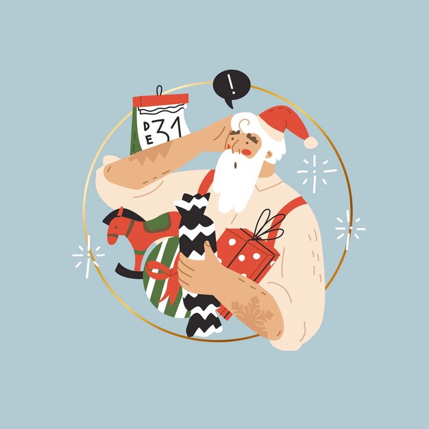 Santa looks anxiously at the calendar The concept of timely delivery Happy New Year Merry Christmas Daily routine of Santa Claus before Christmas Flat style in vector illustration