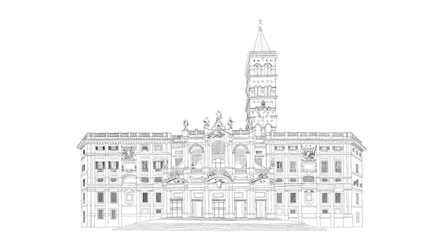 산타 마리아 마조 레, 로마, 흑백 드로잉 스케치에서 세인트 메리 대성당의 대성당. 삽화.