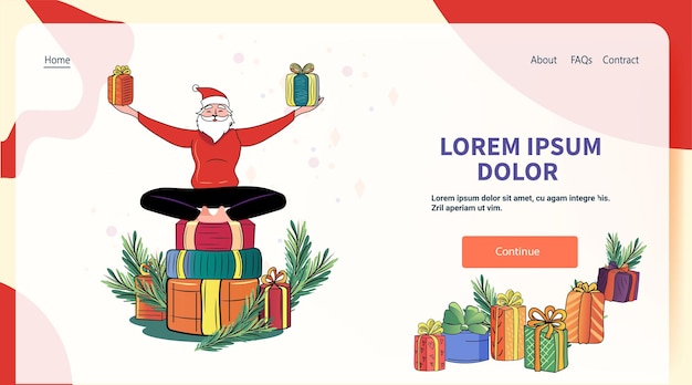 santa meditating on gift boxes colorful festive scene with presents greenery abstract background web