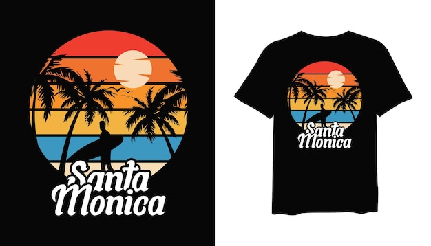 Santa Monica met palm en mensen silhouet vector illustratie t-shirt mockup ontwerp