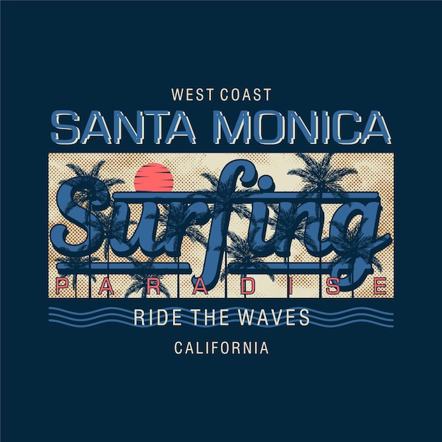Санта моника серфинг векторный принт футболки, типографский графический дизайн и другое использование