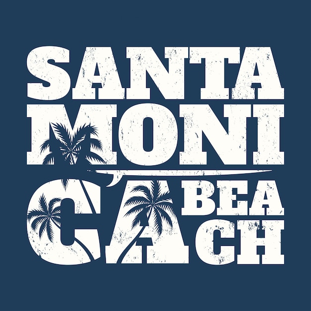 T-shirt santa monica con tavola da surf e palme.