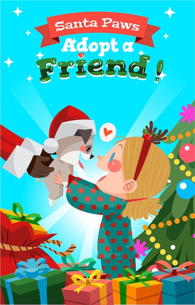 Santa Paws Poster Concept with Little Girl Adopting a Puppy