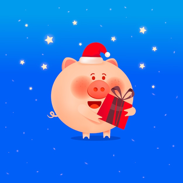 Santa pig  with a gift. The year of the pig. 