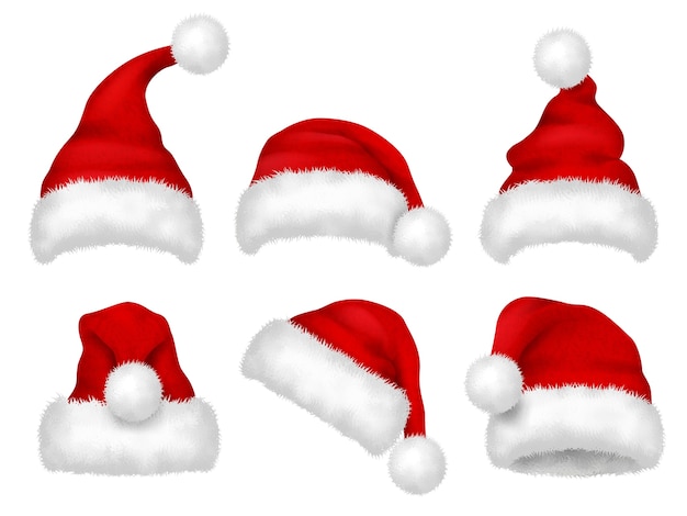 Santa red hat. party fur christmas traditional velvet hat vector realistic images. cap christmas, hat santa claus, costume to xmas holiday illustration