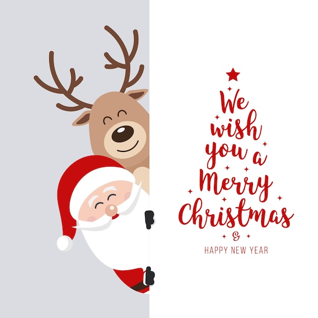 Vector santa reindeer cute cartoon greeting behind white banner winter landscape background christmas card