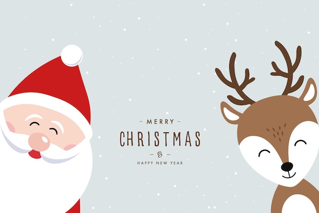 Vector santa and reindeer cute cartoon merry christmas lettering snowy background