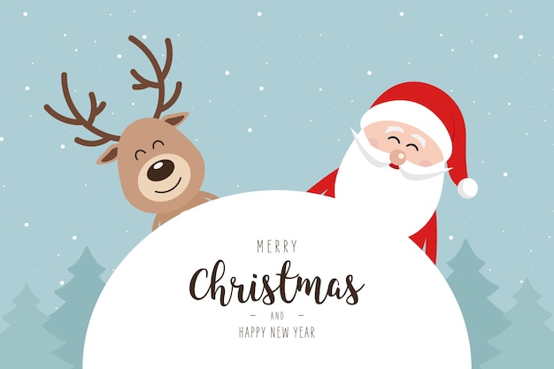 Vector santa and reindeer cute cartoon winter landscape with greeting snowy background christmas card