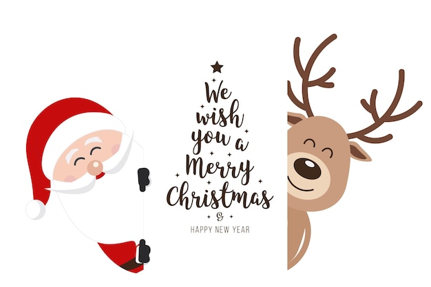 Vector santa and reindeer cute cartoon with greeting behind white banner isolated background christmas card