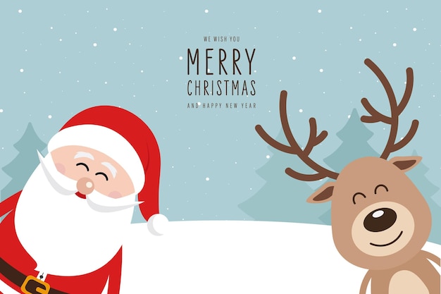 Santa and reindeer cute cartoon with greeting winter landscape background christmas card