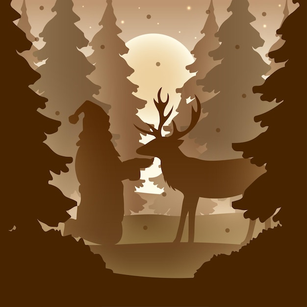 Santa and reindeer silhouettes in pine forest on christmas celebration