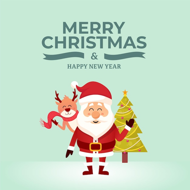 Santa and reindeer with merry christmas and happy new year greetings. flat design illustration