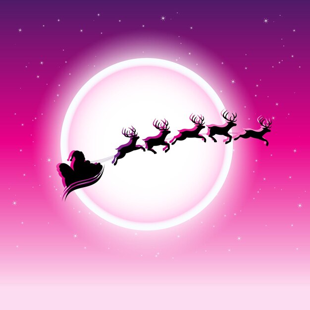 Vector santa and reindeers over magenta starry night sky vector illustration